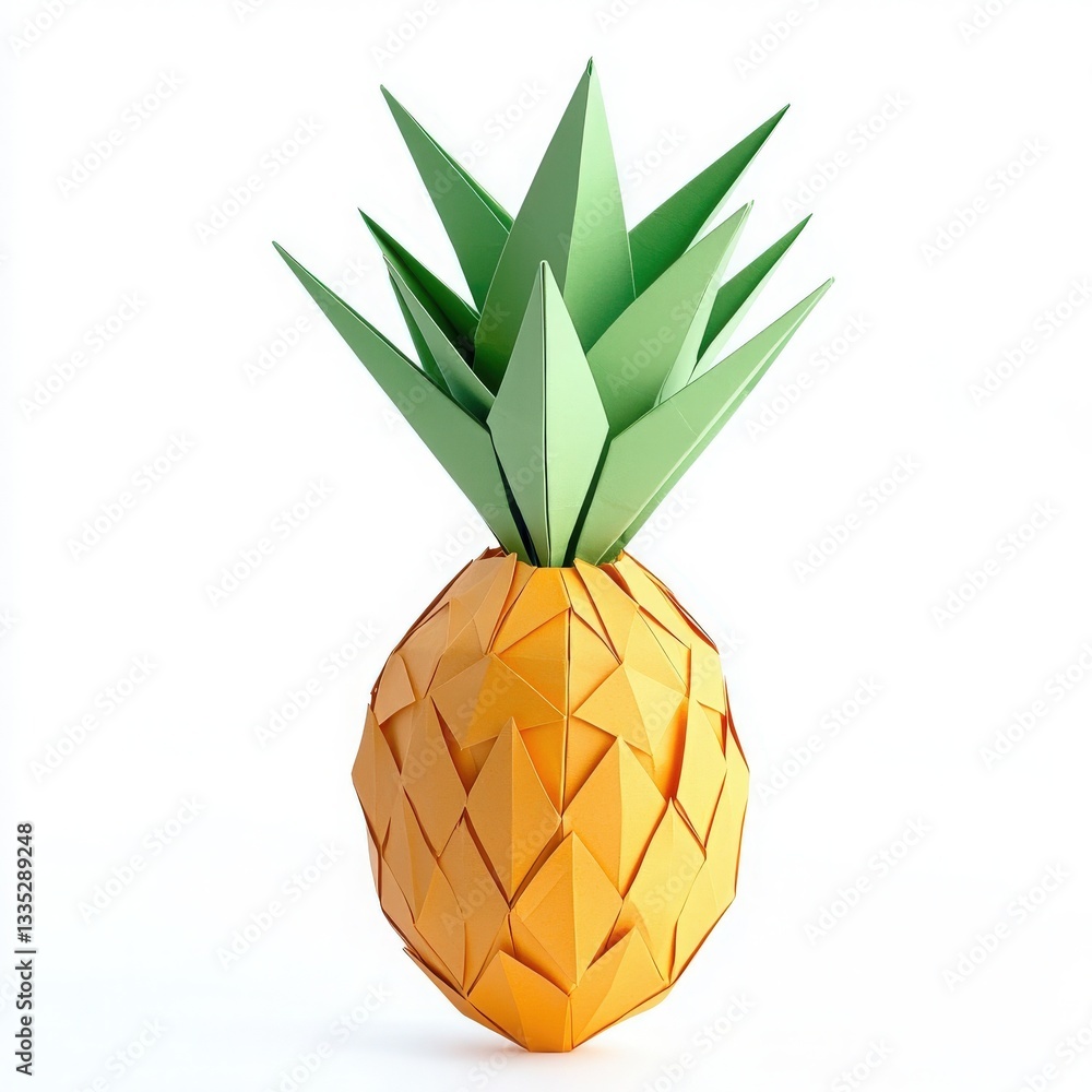 A vibrant origami sculpture of a pineapple made with folded paper features an intricate design and striking colors. The piece showcases yellow and green shades, enhancing its appeal.