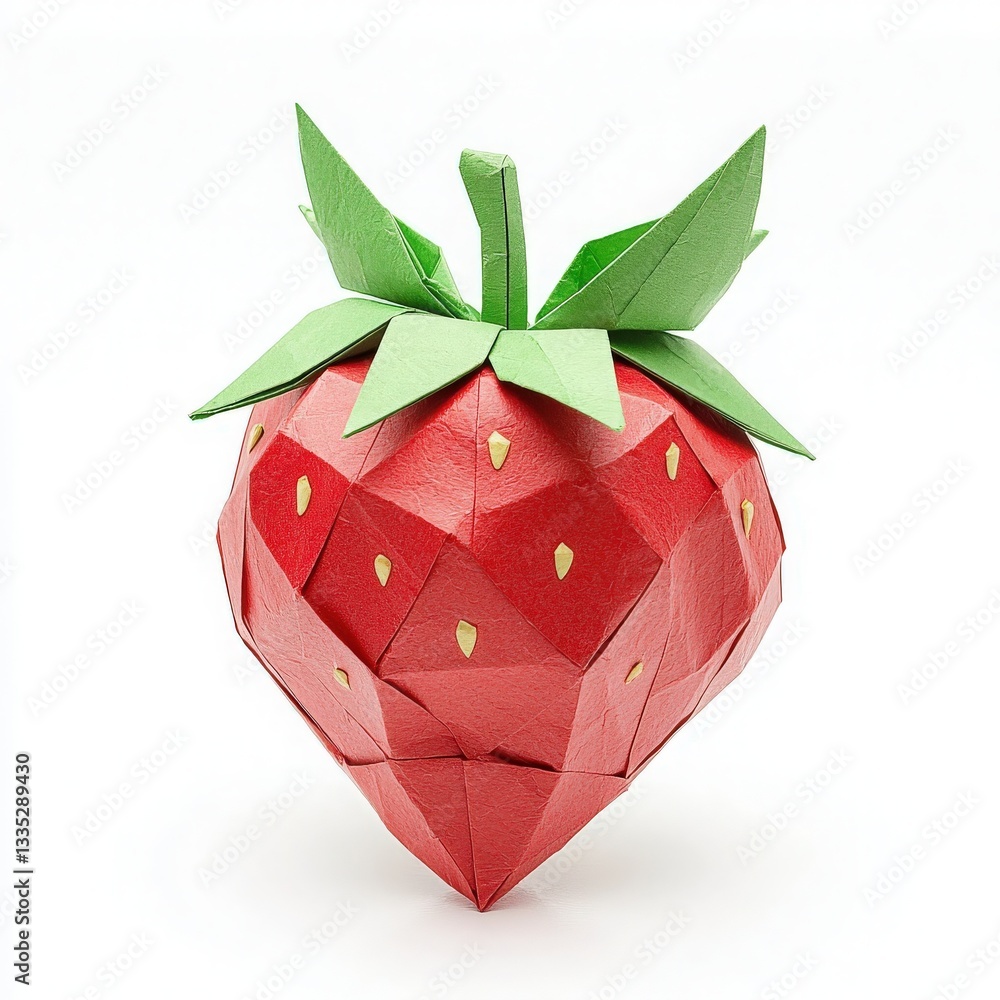A detailed origami strawberry is displayed prominently, showcasing its bright red body and green leaf accents.