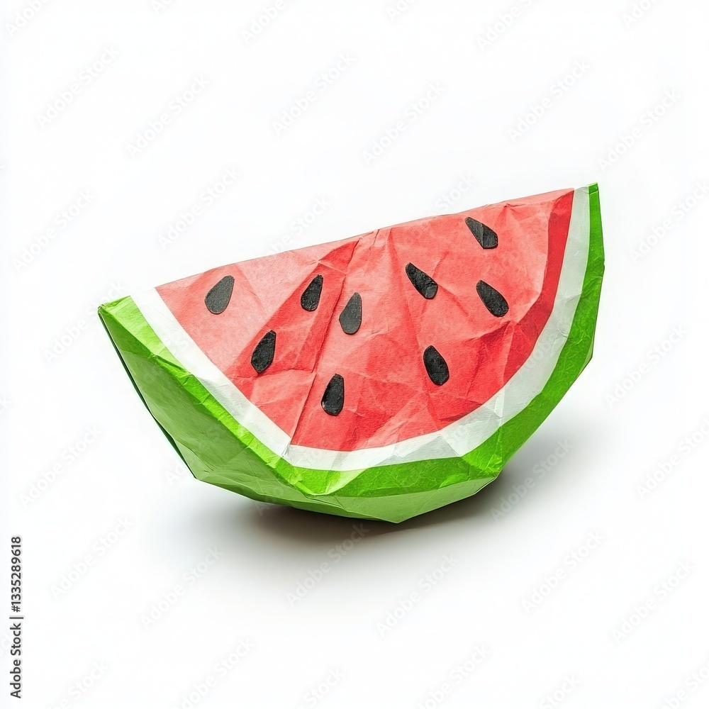 A vibrant origami watermelon slice showcases detailed folds and bright colors. The piece features a light green rind, deep red flesh, and black seeds, demonstrating artistic skill in paper design.