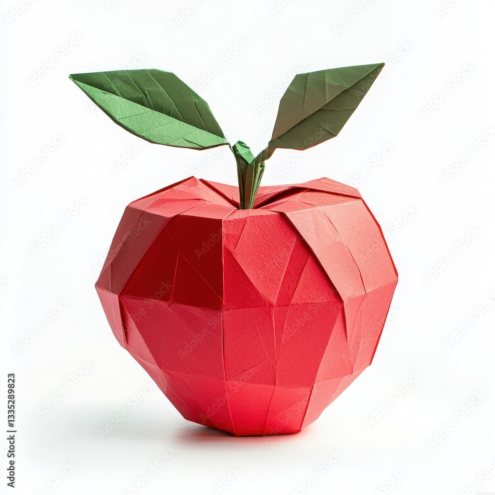 A vibrant red origami apple showcases intricate geometric designs, complemented by two green leaves on top. This artistic creation highlights skillful folding techniques.