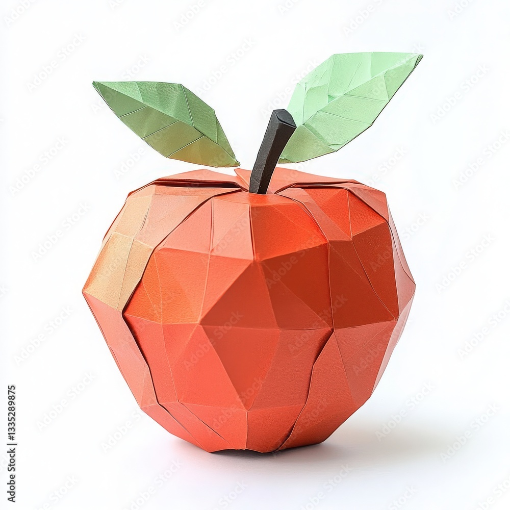 This stunning origami apple showcases vibrant orange paper with geometric faceted designs. Two green leaves and a brown stem complete this artistic representation of a classic fruit.