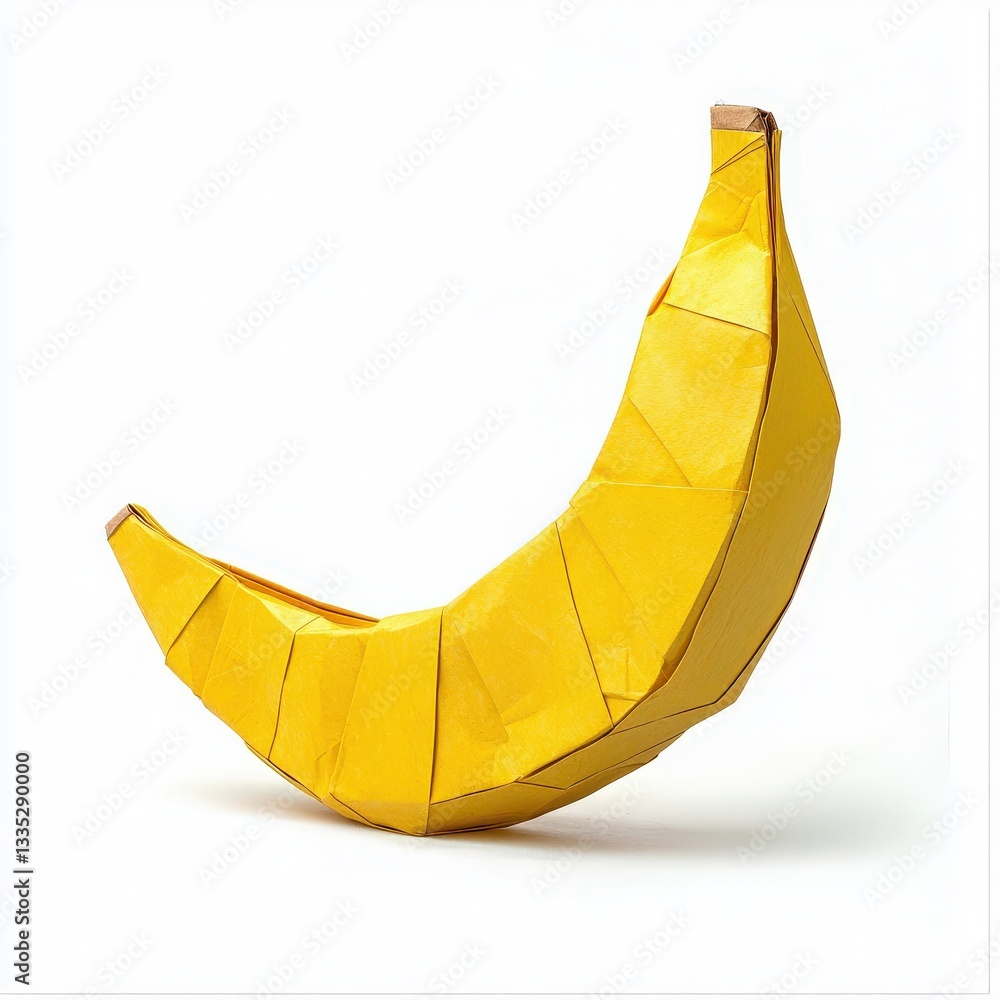 A vibrant yellow origami representation of a banana sits on a plain white background. The detailed folds demonstrate intricate craftsmanship, highlighting the art of paper folding.