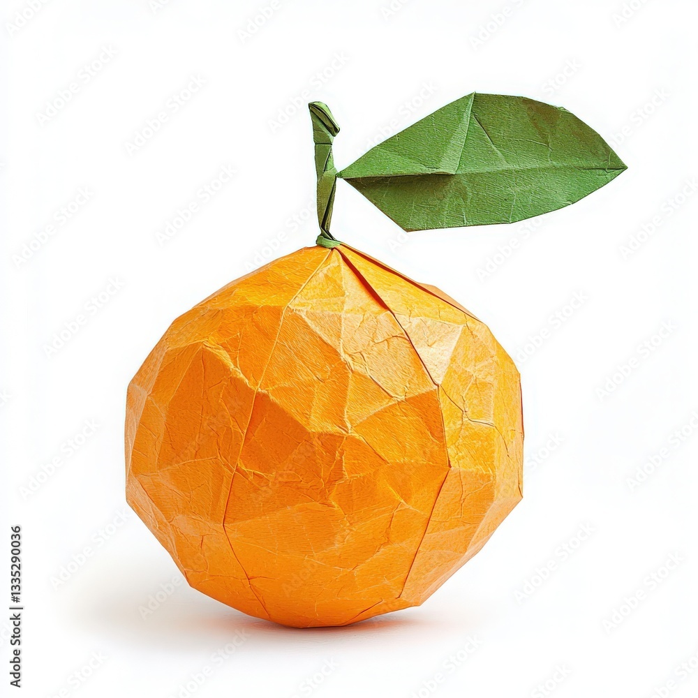 An intricately folded paper orange with a green leaf sits against a plain background. The origami piece showcases detailed craftsmanship and vibrant colors, emphasizing artistic skill and creativity.