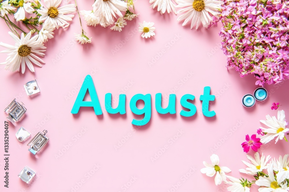 Bright blue letters spelling August are surrounded by an assortment of colorful flowers and decorative pieces on a soft pink background, creating a festive and cheerful atmosphere.