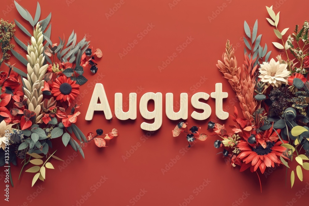 A vibrant arrangement showcases the word August in a wooden style, surrounded by colorful flowers and foliage on a bold red background, highlighting the beauty of the season.
