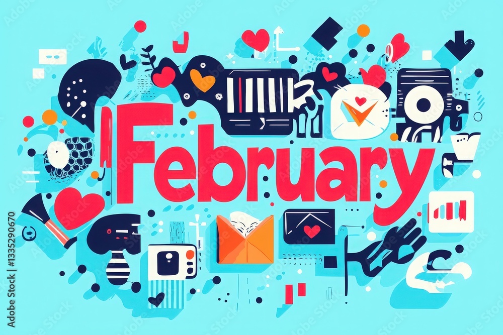 Bright colors fill the background as various playful icons and symbols highlight themes of love, communication, and celebration associated with February, enhancing the months festive spirit.