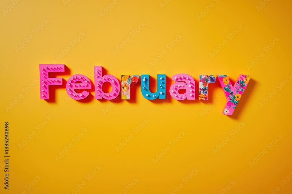 Bright pink and patterned letters spell out February, set against a vibrant yellow background, creating a cheerful and lively visual perfect for celebrating the month.