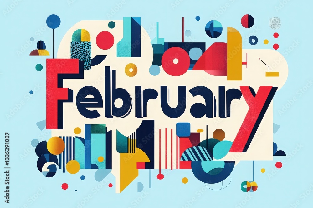 A colorful abstract composition highlights the word February surrounded by geometric shapes and patterns.