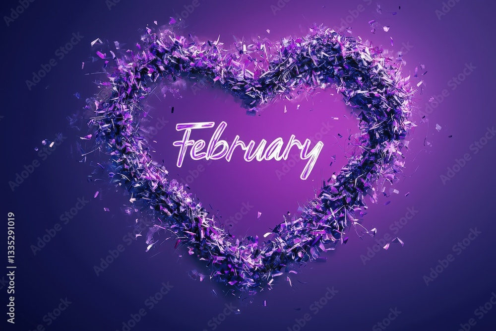 A vibrant heart shape made of purple confetti surrounds the word February, creating a festive atmosphere that celebrates love and the months special occasions.