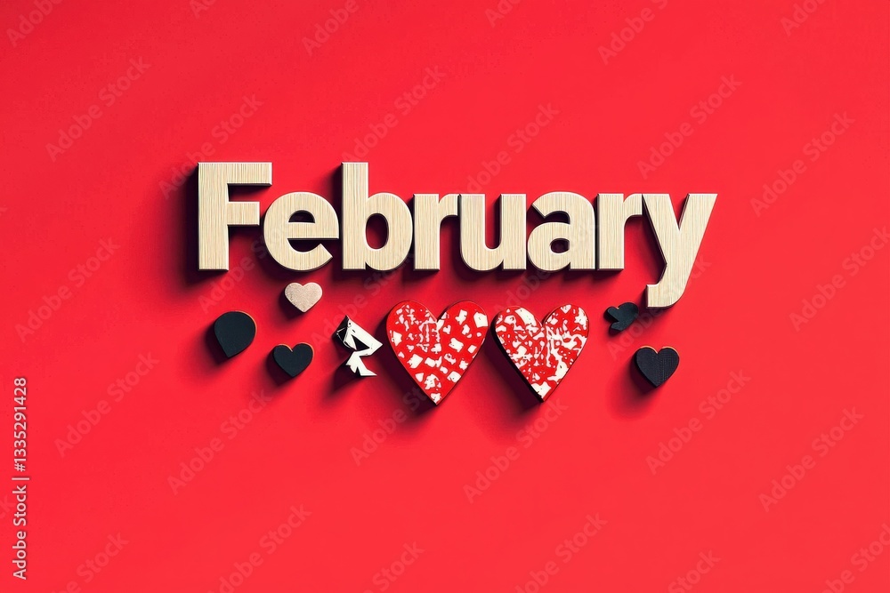 Colorful letters spell out February, complemented by various heart shapes on a vibrant red backdrop. This artistic arrangement highlights the romantic theme of the month, perfect for Valentines Day.