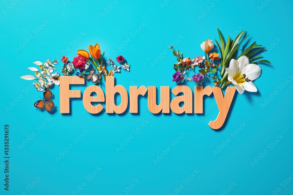 The month of February is creatively displayed with wooden letters surrounded by various colorful flowers and a butterfly. The bright teal backdrop enhances the cheerful atmosphere.