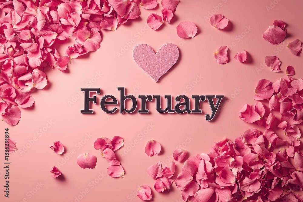 A collection of pink rose petals surrounds the word February, complemented by a pink heart shape. This arrangement evokes feelings of love and warmth, perfect for Valentines Day themes.