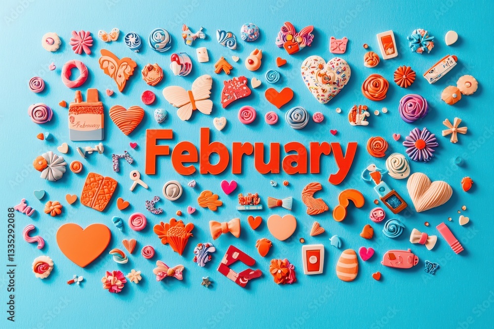 A vibrant display of various candies and sweets is creatively arranged against a bright blue background. Decoratively shaped treats highlight the theme of February, celebrating love and joy.