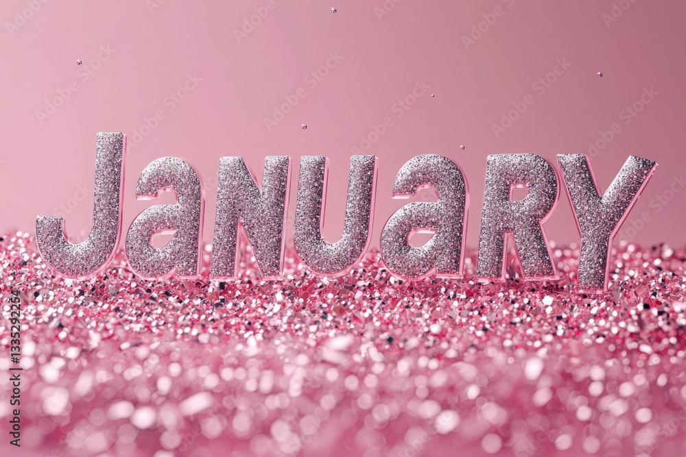 January is highlighted with glittering letters spelling out its name, surrounded by shimmering pink glitter. This vibrant display captures the essence of new beginnings and winter celebrations.