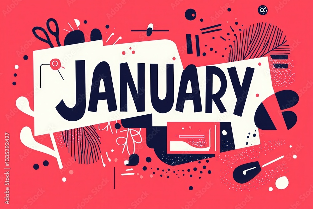 A colorful design highlights the month of January with large, bold lettering. The background features playful patterns and shapes, creating an engaging and artistic visual.