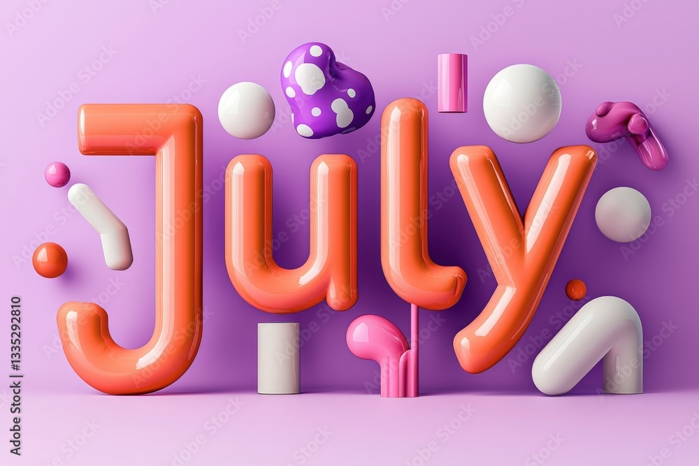 Brightly colored text spells out July, surrounded by various playful shapes in different colors, all set against a soft purple background. This design exudes a fun, summertime vibe.