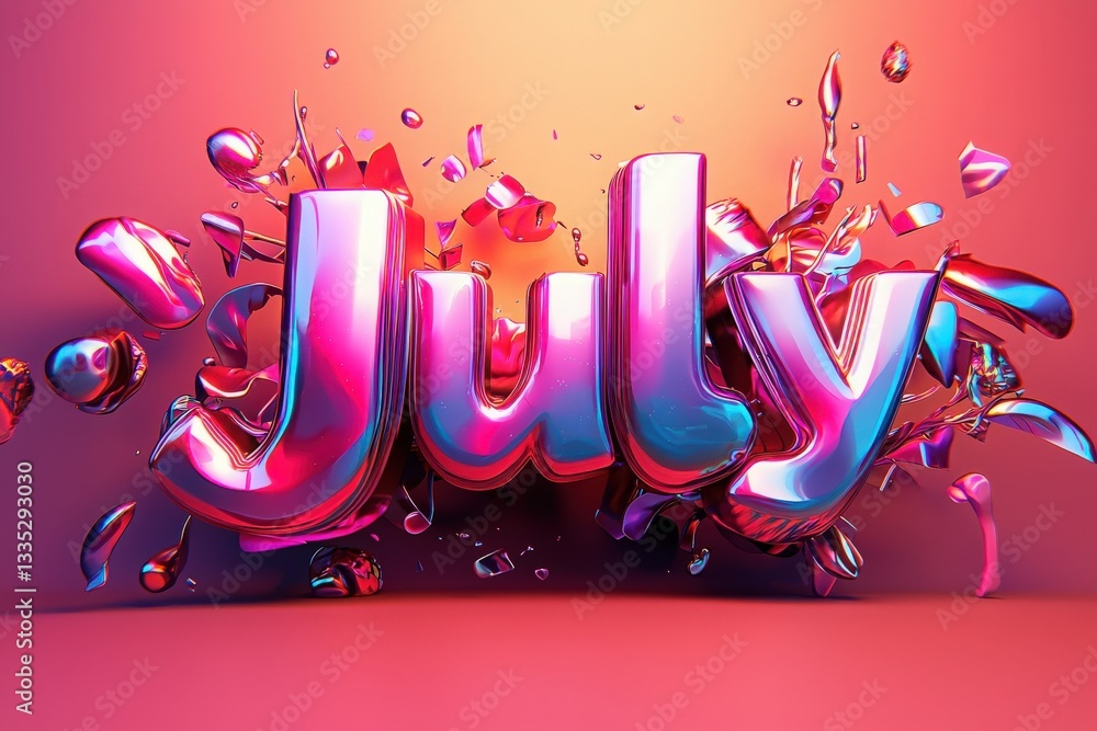 Shiny and vibrant letters spelling July are surrounded by colorful shards and bursts. The modern design uses bright pink and blue tones, creating a dynamic and celebratory atmosphere.