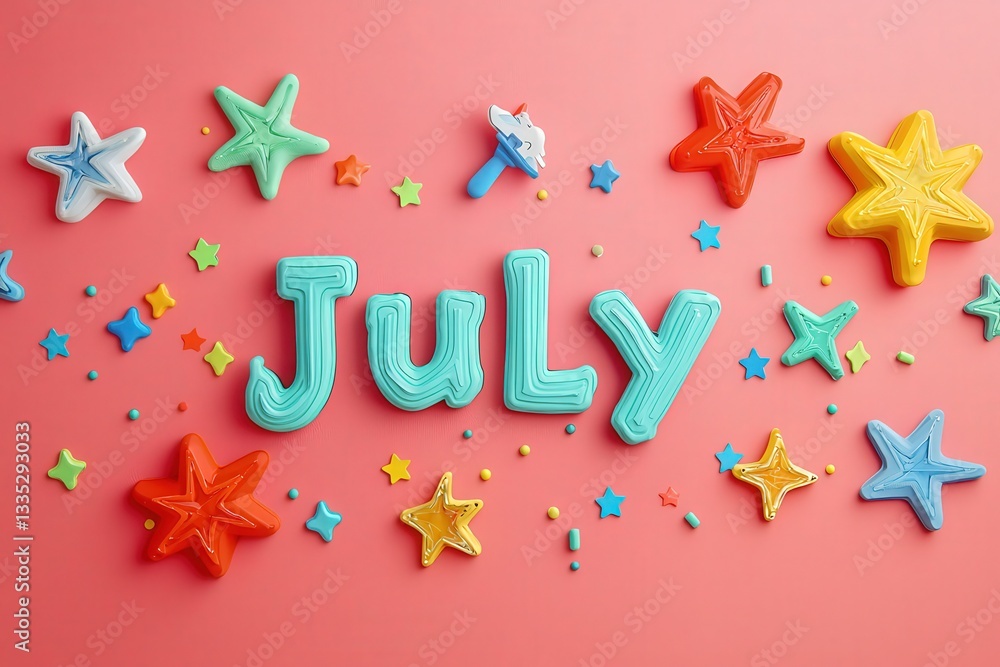 Bright colored letters spell July on a pink backdrop, surrounded by decorative stars and sprinkles. The playful arrangement creates a festive, cheerful atmosphere perfect for summer.