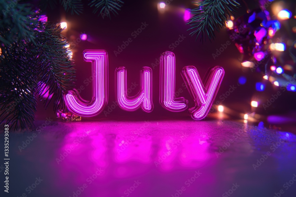A neon pink sign spells out July against a backdrop of colorful lights and festive greenery. The vibrant colors create a joyful atmosphere, perfect for summer celebrations.