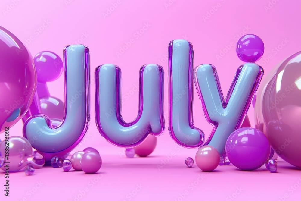 A vibrant design features bold, glossy letters spelling July in purple and blue shades, surrounded by glossy spheres of varying sizes on a pink background, creating a festive atmosphere.