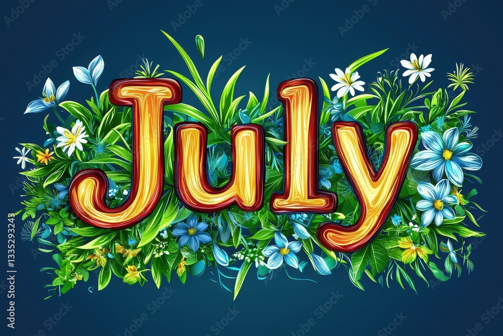 Bright and cheerful design represents the month of July with large, stylized letters surrounded by various colorful flowers and lush green leaves. The arrangement showcases summers beauty.