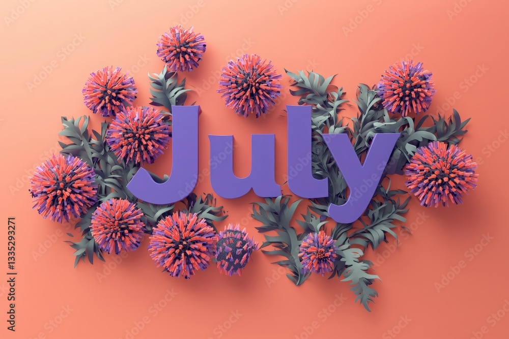 A design showcases the word July in bold purple letters, surrounded by vibrant, multi-colored flowers. The background is a warm orange, enhancing the overall summer feel of the artwork.