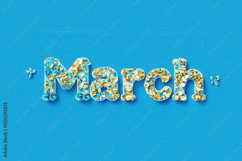 The word March is artistically formed using colorful flowers against a vibrant blue background, symbolizing the arrival of spring and its cheerful essence.