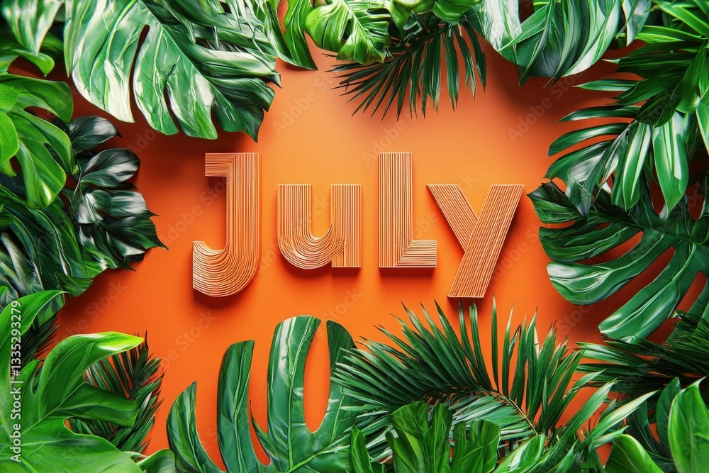 Vibrant orange background showcases the word July made from wooden texture. Lush green palm leaves frame the display, creating a lively summer ambiance perfect for seasonal celebrations.