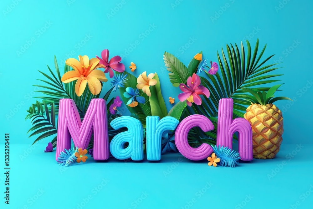 Bright letters spelling March are surrounded by vibrant tropical flowers, lush green leaves, and a pineapple. The cheerful arrangement creates a lively, spring-like atmosphere.