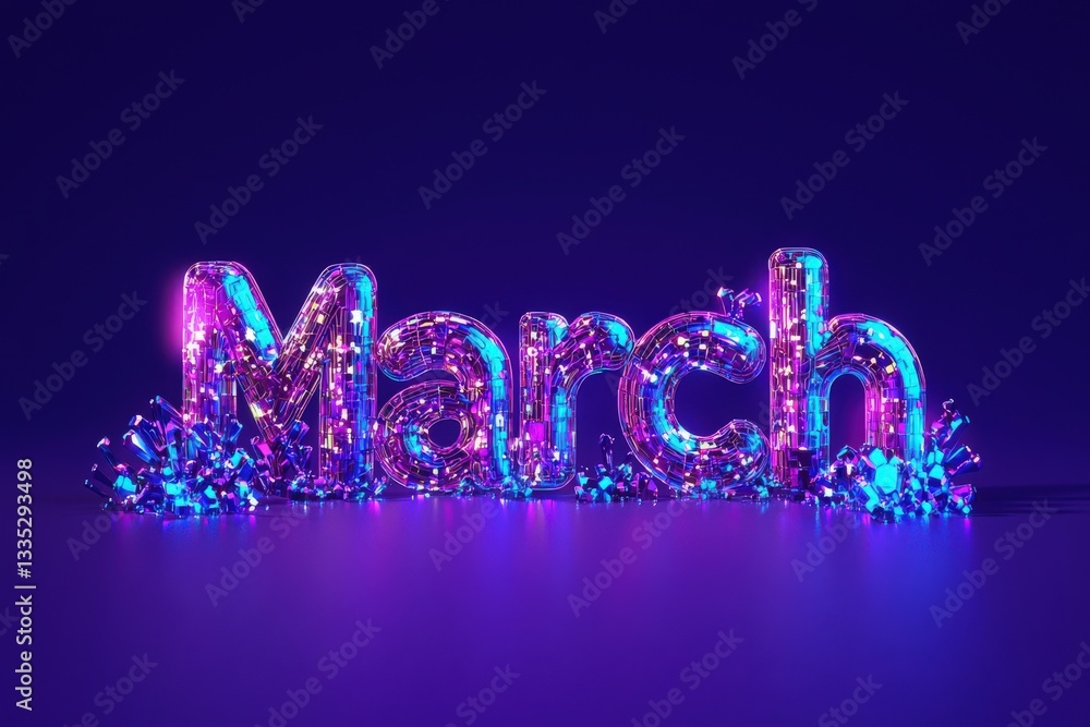 Bright, multi-colored letters spelling March are surrounded by shimmering confetti in a dark setting. The vibrant colors create a festive and eye-catching visual effect.