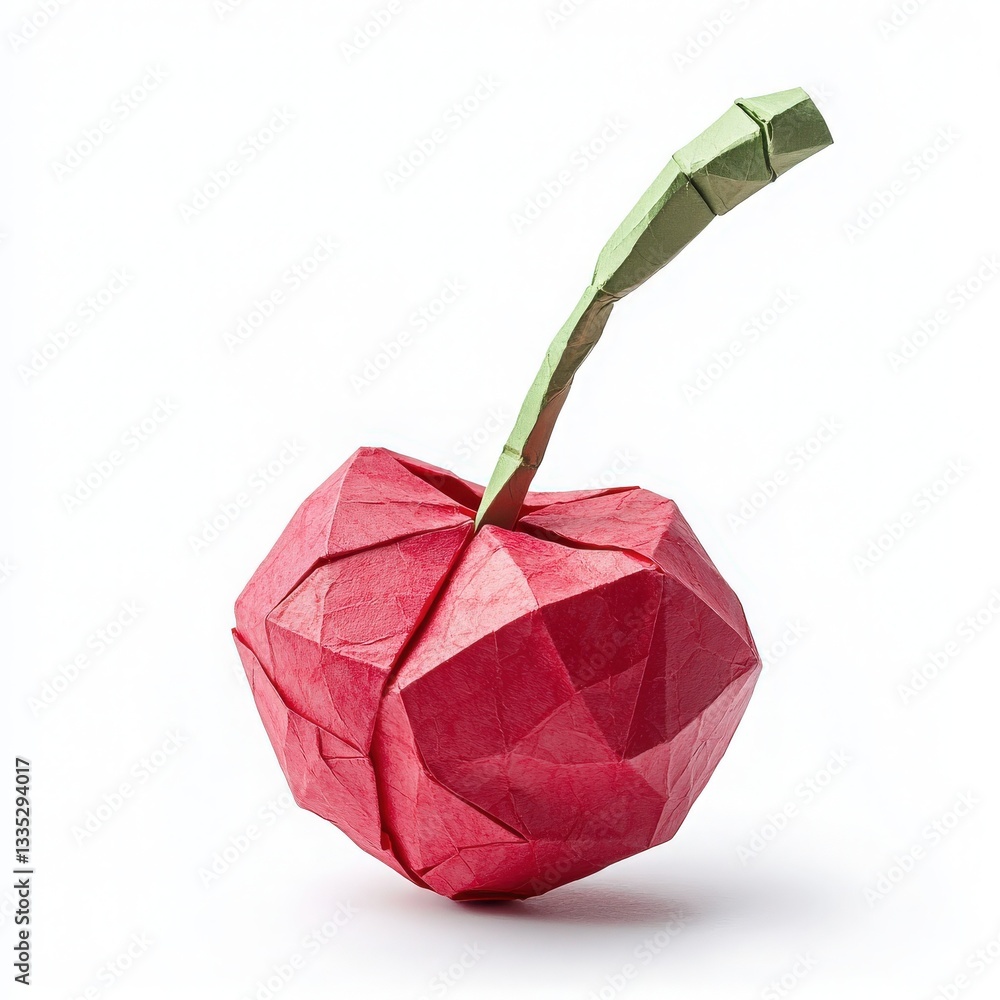 A vibrant origami cherry showcases detailed folds of red and green paper. This artwork highlights both the beauty and complexity of paper folding, emphasizing creativity and skill.