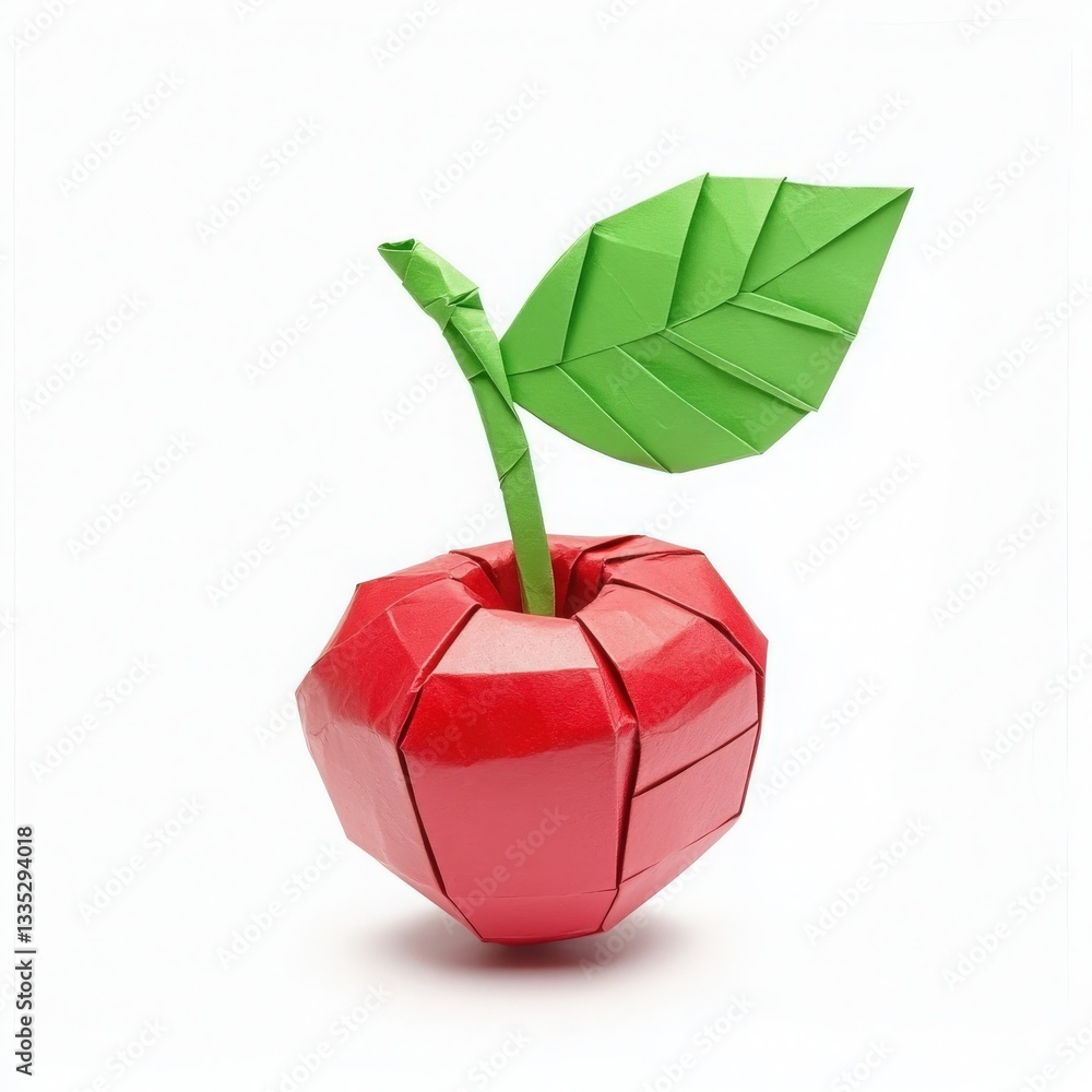 A vibrant red origami apple stands upright, featuring a green leaf and stem. The intricate folds of the paper showcase skillful craftsmanship. Suitable for decorative purposes or educational projects.