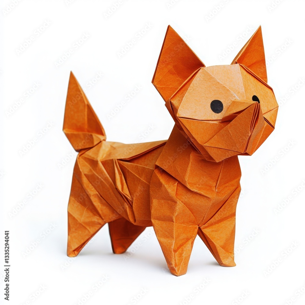 A detailed orange origami dog stands upright, exhibiting precise folding techniques. Its triangular ears and round eyes highlight the creativity of paper art, reflecting craftsmanship and design.
