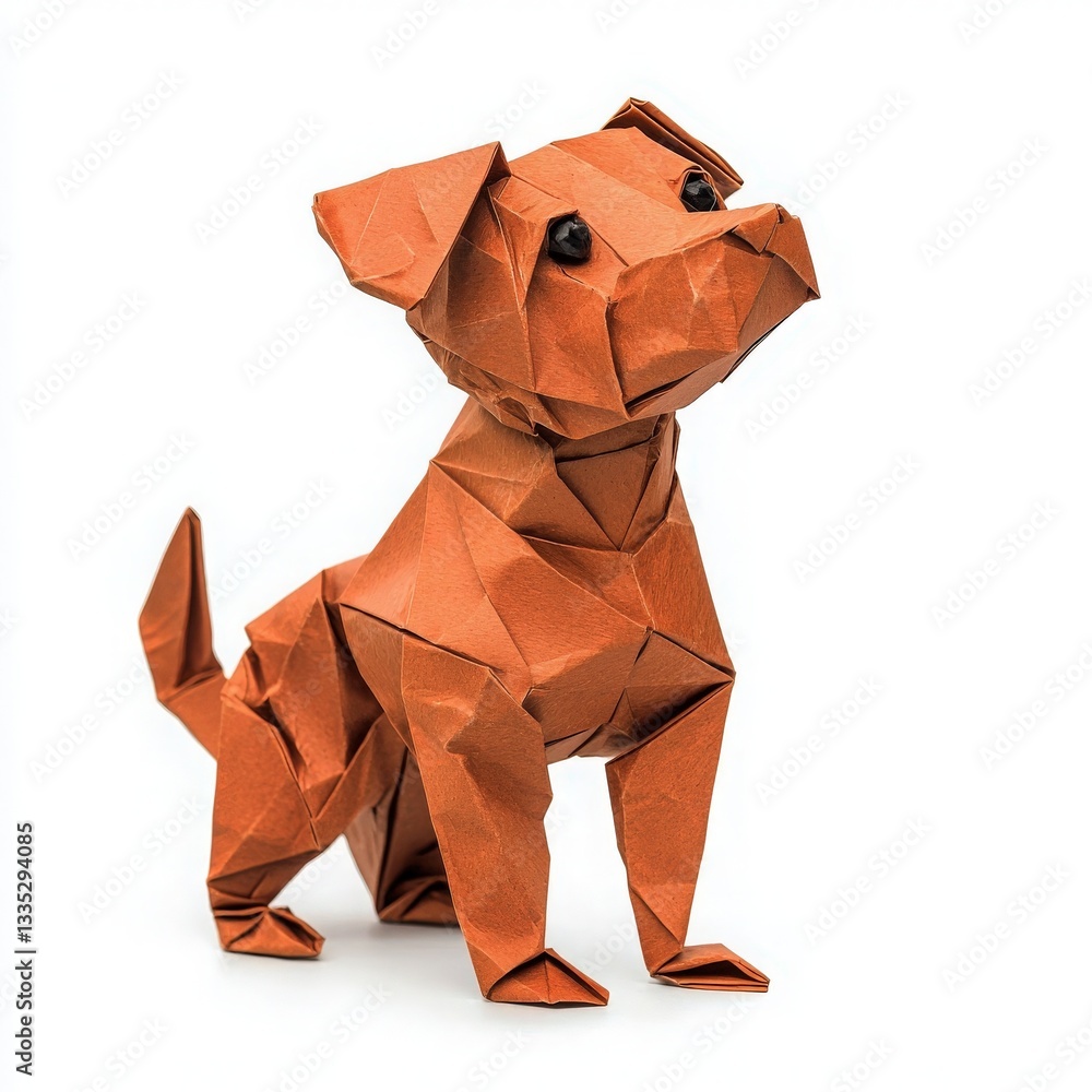 A detailed origami dog model stands upright, showcasing sharp folds and an expressive face. The brown paper structure highlights the artistry in its design, emphasizing its playful nature.