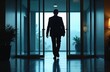 © miss irine - Silhouette of man walks out door in office. Business person leaves, goes away in suit. Symbolizes employment termination, resignation, career change, job loss, end of work project.