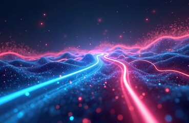 Poster - Abstract digital landscape with bright lines and glowing particles represents futuristic tech, data flow. Cyberpunk design with vibrant aesthetic evokes dynamic cyberspace and modern electric feel.