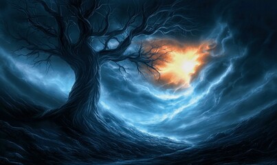 Wall Mural - a lone, gnarled tree rises against a dramatic sky filled with swirling clouds and a radiant sun.