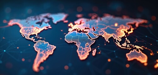Fototapete - Futuristic glowing digital world map with nodes represents business locations, travel routes. Graphic of global network connections, destination point on continents, cyberspace navigation system.