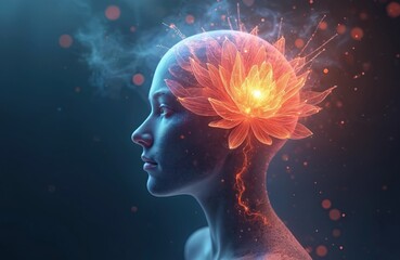 Poster - Intricate human mind design. Projects on consciousness, science, creativity. Head with translucent skin, lotus flower. Fractal light, energy swirls, smoke, flame elements. Metaphor for AI, neural