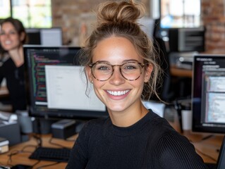 Smiling Woman With Glasses At Office Computer, Happy Programmer at Work