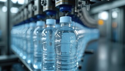 Fototapete - Automated bottling plant assembly line fills clear plastic bottles with pure drinking water. Production, manufacturing process with automation machinery, conveyor belt ensures quality control,