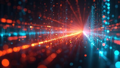 Aufkleber - Streaks of red, blue lights over dark backdrop. Abstract tech background with data flow. Digital network connection, vibrant, dynamic motion, speed, energy, movement, progress, innovation, growth,