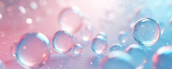 Poster - Abstract 3d render of pastel pink, blue background with magical iridescent air bubbles. Wallpaper with glass balls, water drops. Clean gel spheres semitransparent texture, light glare effect.