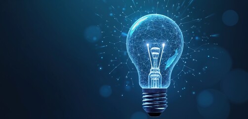Aufkleber - Glowing light bulb with blue background innovation, hi-tech ideas. Digital futuristic design featuring wireframe connections evokes modern tech, electricity, bright energy concepts. Perfect for