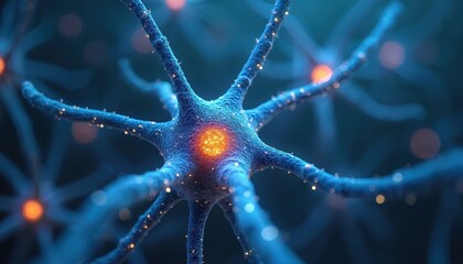 Poster - Active neurons network with glowing synapses illustration. Neural network connectivity, science, biology concepts. Glowing sparks symbolize active connections in neurology, medical research,