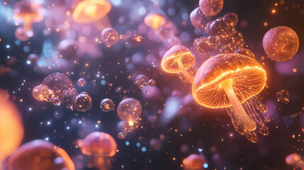 representation of fungi evolving to survive in a gamma ray rich outer space environment glowing levi
