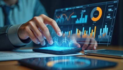 Poster - Businessman touches dashboard data management to manage data. Bar and graph show above smartphone. Analyzing financial stats, investment charts, diagram. Modern tech for economic growth and planning.