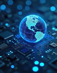 Fototapete - Digital blue planet earth on computer circuit board. Innovation, sustainable living concept. Global network connection. Environmentally friendly green electronic system. Online cyberspace virtual