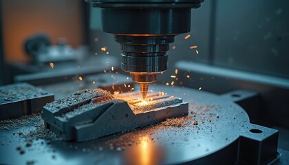 Leinwandbilder - High precision CNC machining center mills automotive sample part in factory. Metalwork process features detail, precision, accuracy. Sparks, lubricant cooling visible during fabrication, steel part