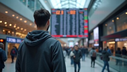 Leinwandbilder - Back view of man looking at stock exchange screen in crowded hall. Financial data displayed. Guy analyzes market trends, investment strategies. Economy and business analytics background.